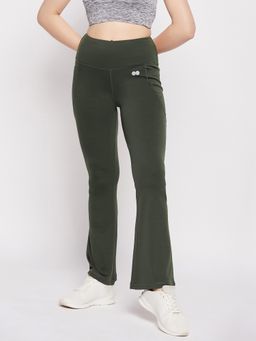Clovia - Comfort Fit High Rise Flared Yoga Pants in Dark Green with Side Pockets