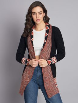 NOBARR - Women Acrylic Full Sleeve Front Open Printed Black Shrug