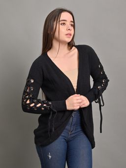 NOBARR - Women Acrylic Hollow Sleeve Black Cardigan Shrug
