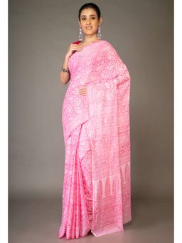 Unnati Silks - Pink Pure Block Printed Superfine Mulmul Cotton Saree with Unstitched Blouse