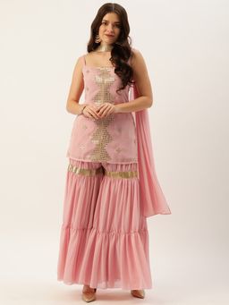 Ethnovog - Ready To Wear Mauve Georgette Embroidered Sharara Set (Set of 3)