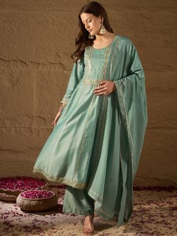 Vaamsi - Women Sea Green Silk Blend Solid Embroidered Kurta Suit (Set of 3)