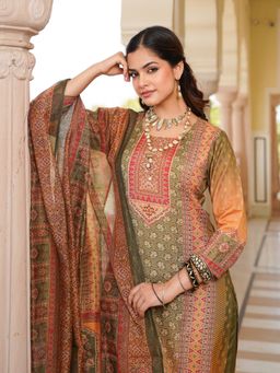 Vaamsi - Women Olive Printed Kurta with Pant and Dupatta (Set of 3)
