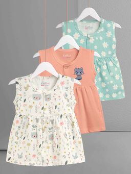 HELLCAT - Cotton Trendy Multi-Color Soft Baby Frock Dress for Girls 0-18M (Set of 3)