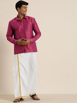 Vastramay - Mens Purple & White Raw Silk Shirt with Mundu (Set of 2)