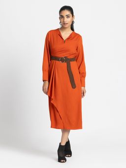 SHAYE - Rust Solid Midi Dress with Belt (Set of 2)