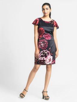 SHAYE - Black Scoop Neck Floral Print Short Sleeves Party Dress For Women