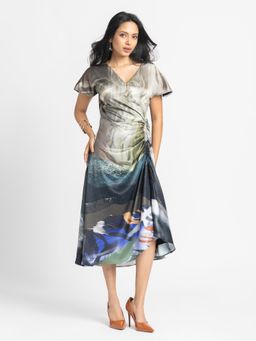 SHAYE - Beige Printed Midi Dress