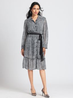 SHAYE - Black Printed Knee Length Dress with Belt (Set of 2)