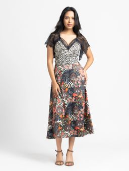 SHAYE - Black Printed Midi Dress