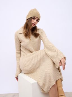 Styli - Beige Solid Midi Dress