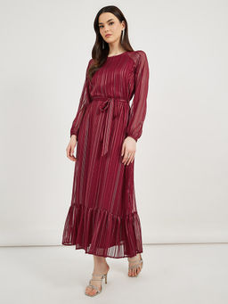 Styli - Burgundy Self Design Maxi Dress with Belt (Set of 2)