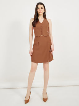Styli - Brown Solid Mini Dress