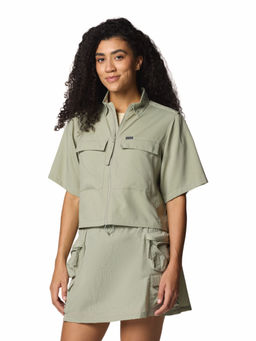 Columbia - Green Solid Boxy Fit Cropped Shirt