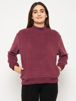 Madame - Maroon Self Design Comfortable Fit Sweater