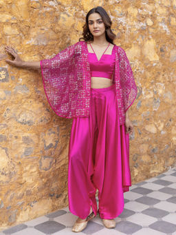 Myaara - Fuchsia Pink Satin Crop Top with Embellished Organza Cape & Palazzo (Set of 3)