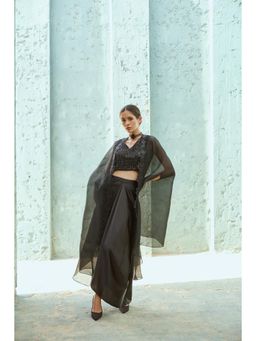RENASCI - Black Embellished/Sequined Keera Cape with Skirt and Crop Top (Set of 3)