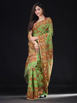 Beatitude - Green Cotton Silk Woven Jacquard Jamdani Saree with Unstitched Blouse