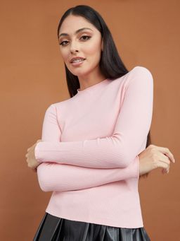 Styli - Pink Long Sleeves High Neck Ribbed Lettuce Edge Detail Fitted T-Shirt