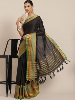 ISHIN - Womens Poly Silk Black & Gold Solid Mysore Silk Saree with Unstitched Blouse