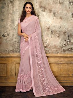 Odette - Pink Lycra Fancy Net Designer Saree with Unstitched Blouse