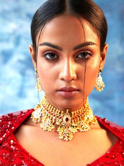 Estele - Gold Plated CZ Fascinating Designer Necklace Set with Pearls for Women
