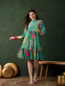 Gahan - Chinon Big Floral Vibrant Printed Embellished Green Flared Hem Knee Length Dress