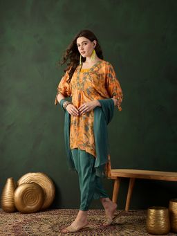 Gahan - Chinon High Low Abstract Printed Embellished Mustard Kurta, Pant & Dupatta (Set of 4)