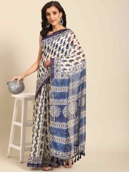 Silk Land - Womens Pure Cotton Blue & White Block Print Saree with Unstitched Blouse