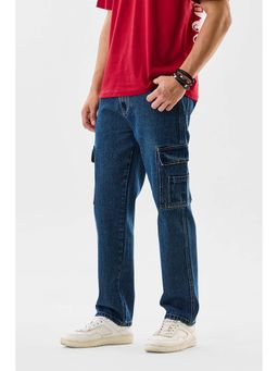 Snitch - Blue Solid Regular Casual Cargo Jeans for Men