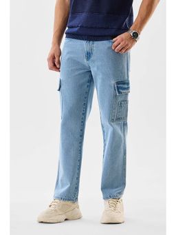 Snitch - Light Blue Solid Regular Casual Cargo Jeans for Men