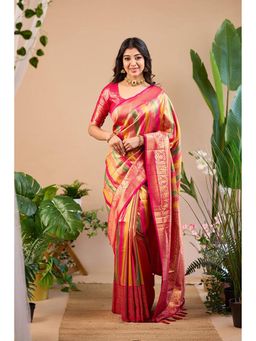 Anjaneya Sarees - Women Red Kanjeevaram Woven Saree with Unstitched Blouse