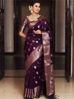 Anjaneya Sarees - Women Wine Kanjeevaram Woven Saree with Unstitched Blouse