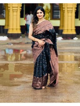 Anjaneya Sarees - Women Black Kanjeevaram Woven Saree with Unstitched Blouse