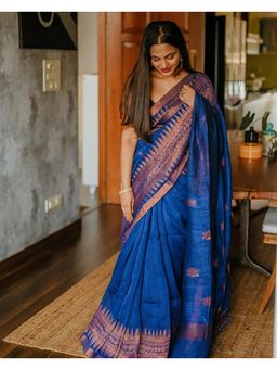 Anjaneya Sarees - Women Blue Kanjeevaram Woven Saree with Unstitched Blouse