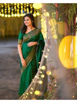 Anjaneya Sarees - Women Green Kanjeevaram Woven Saree with Unstitched Blouse
