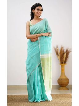 Anjaneya Sarees - Women Teal Kanjeevaram Woven Saree with Unstitched Blouse