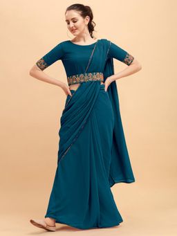 Anjaneya Sarees - Women Teal Silk Solid Saree with Unstitched Blouse