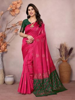 Anjaneya Sarees - Women Pink Silk Woven Saree with Unstitched Blouse