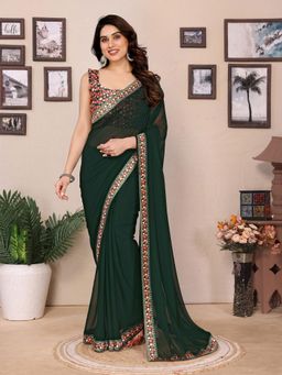 Anjaneya Sarees - Women Green Silk Printed Saree with Unstitched Blouse