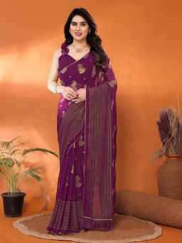 Anjaneya Sarees - Women Purple Silk Printed Saree with Unstitched Blouse
