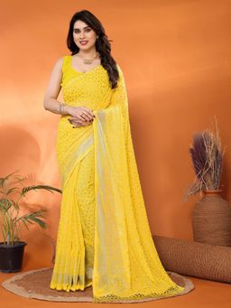 Anjaneya Sarees - Women Yellow Silk Printed Saree with Unstitched Blouse