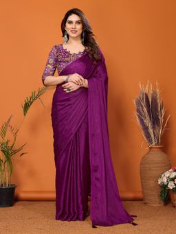 Anjaneya Sarees - Women Purple Silk Stripes Saree with Unstitched Blouse