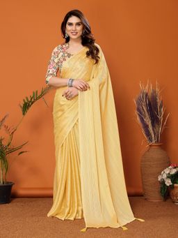 Anjaneya Sarees - Women Yellow Silk Stripes Saree with Unstitched Blouse