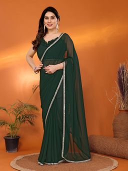 Anjaneya Sarees - Women Green Silk Solid Saree with Unstitched Blouse
