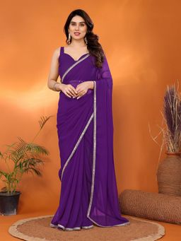 Anjaneya Sarees - Women Purple Silk Solid Saree with Unstitched Blouse