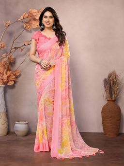 Anjaneya Sarees - Women Pink Silk Printed Saree with Unstitched Blouse