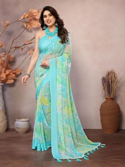 Anjaneya Sarees - Women Blue Silk Printed Saree with Unstitched Blouse