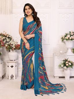 Anjaneya Sarees - Women Teal Silk Printed Saree with Unstitched Blouse