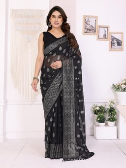 Anjaneya Sarees - Women Black Silk Paisley Saree with Unstitched Blouse